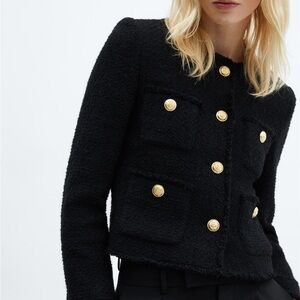 Mango Pocket Tweed Jacket with Gold Buttons